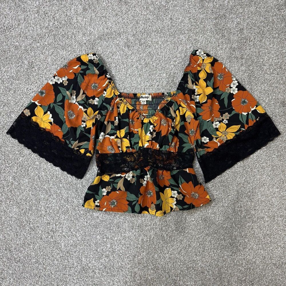 Alkemy Blouse Womens XS Multicolor Floral Lace Bell Sleeve Boho Romantic Fairy